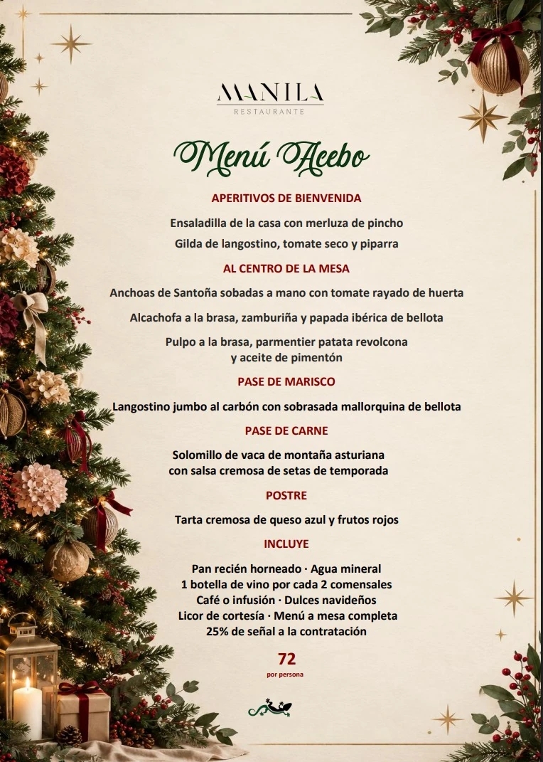 Menú Acebo de Navidad de Restaurante Manila, 72 euros por persona. El texto completo está debajo de la imagen.
