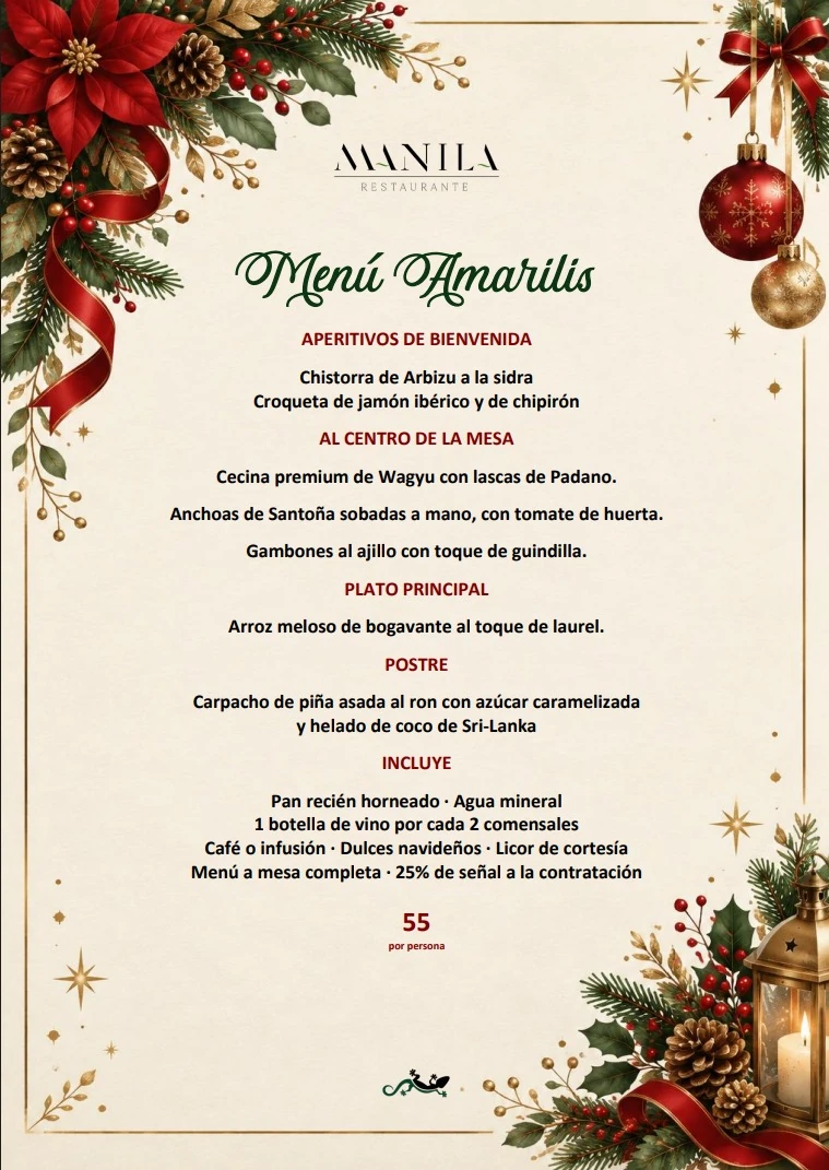 Menú Amarilis de Navidad de Restaurante Manila, 55 euros por persona. El texto completo está debajo de la imagen.