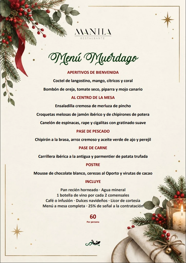 Menú Muérdago de Navidad de Restaurante Manila, 60 euros por persona. El texto completo está debajo de la imagen.